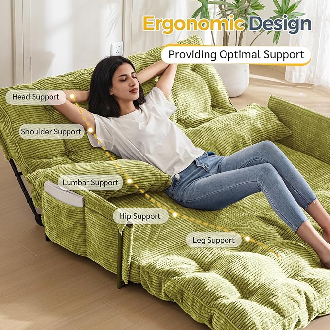 MAXYOYO Adjustable Floor Sofa Couch with 2 Pillows, Multi-Functional Bean Bag Bed, 5-Position Foldable Lazy Sofa Sleeper Bed with Armrest, Versatile Floor Seating for Reading, Green, Double