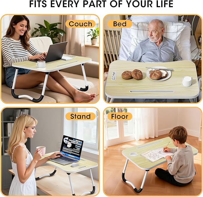 Folding Lap Desk, 23.6 Inch Wood Laptop Bed Desk with Cup Holder, Portable Bed Table for Working Writing Reading & Eating for Bed, Sofa, Couch, Floor - White