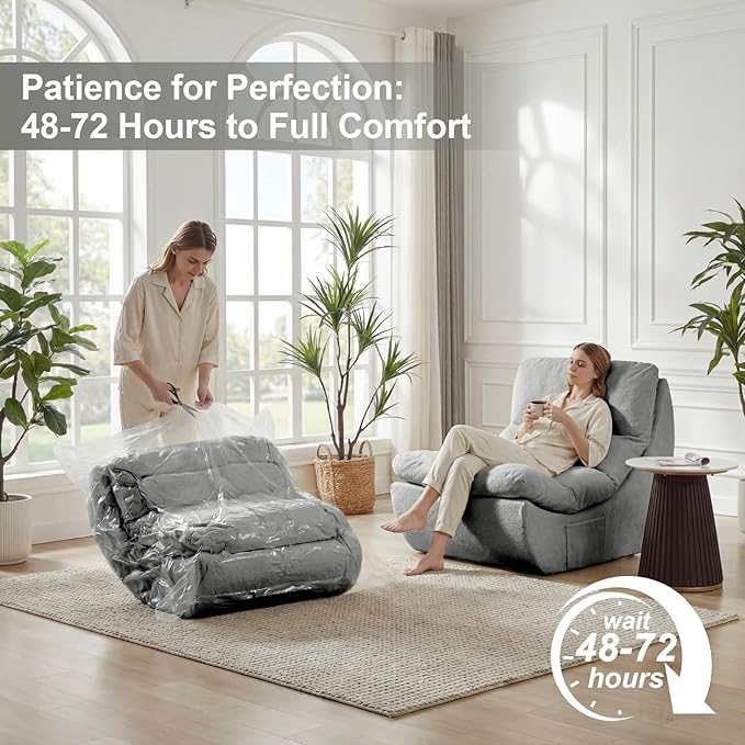 Comfy Reading Chair for Adults, Modular Sectional Sofa Bean Bag Chair, Cloud Boneless Couch Style with High Rebound Foam, Single Seat Compressible Sofa for Living Room & Bedroom, Grey