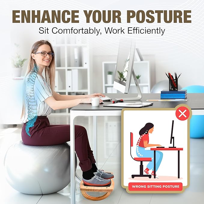 Under Desk Foot Rest - Ergonomic Balance Foot Rest for Under Desk at Work, Office, Home, Yoga - Heavy Duty Pine Wood Material, Non-Slip Rubber Mats - Promotes Better Posture - Easy Assembly