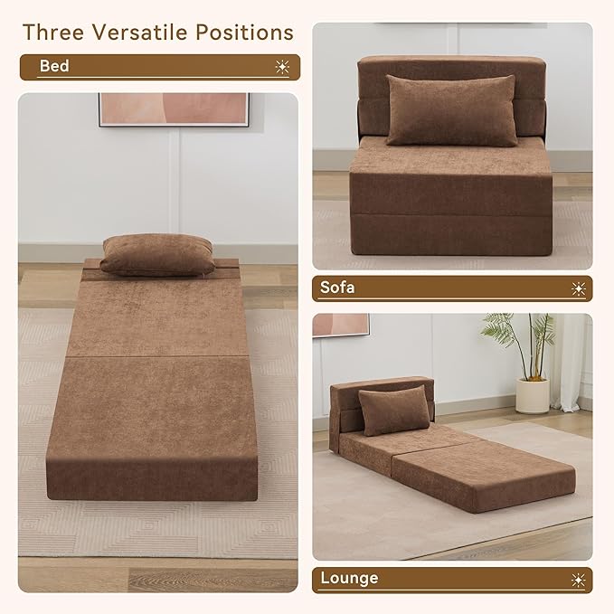Folding Sofa Bed Convertible Floor Couch Foldable Chair Bed with Pillow，Linen Sleeper Chair Futon,Foldable Memory Foam Mattress for Bedroom/Living Room/Dorm/Office (Brown, Single)