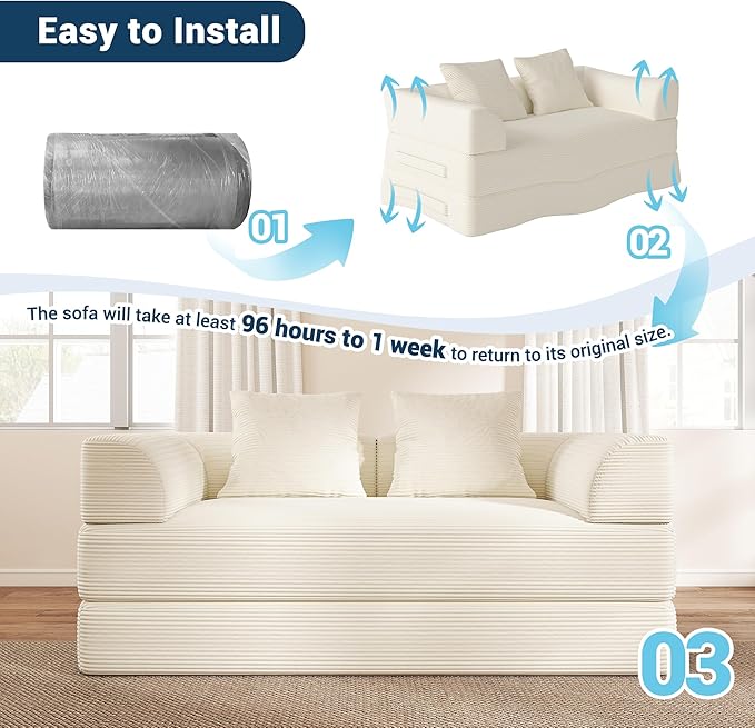 Cloud Boneless Convertible Floor Sofa Bed, 70" 4-in-1 Foldable Compressed Loveseat Lounge Sleeper 2 Seater Couches, High-Density Sponge & Corduroy Fabric Futon Daybed for Living Room Bedroom(Beige)