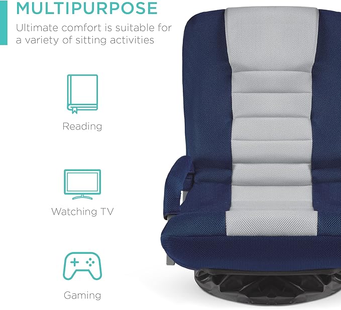 Best Choice Products Swivel Gaming Chair 360 Degree Multipurpose Floor Chair Rocker for TV, Reading, Playing Video Games w/Lumbar Support, Armrest Handles, Adjustable Foldable Backrest - Blue/Gray