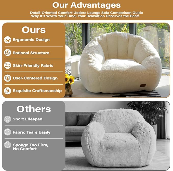 Big Bean Bag Chairs for Adults Giant Sofa with Faux Fur Shell-Shaped Beanbag Couch, Stuffed Large Bean Bag Floor Chair for Living Room, Beanbags Reading Chair for Bedroom Single Sofa(L-White)