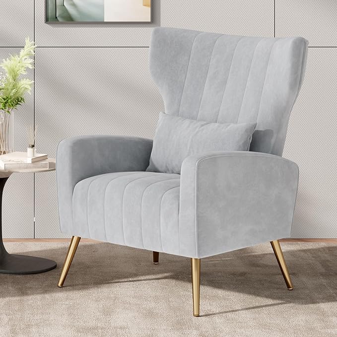 Nalupatio Modern Accent Chairs for Living Room Chairs Upholstered Velvet Fabric Reading Chair Mid Century Arm Chair Comfy Armchair,Light Gray