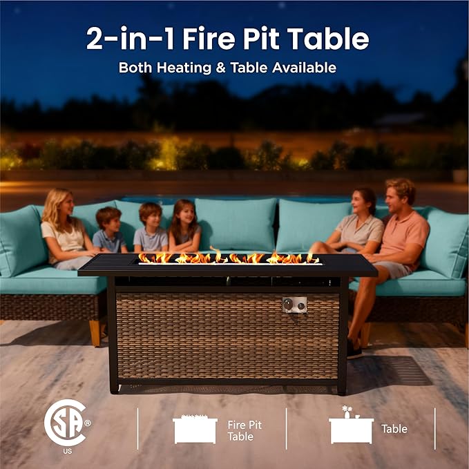 PHI VILLA 7-Piece Half Moon Patio Furniture Set with 56" Fire Pit Table, Outdoor Wicker Sectional Sofa with Aqua Blue Cushions, Large Curved Conversation Seating for Garden or Backyard