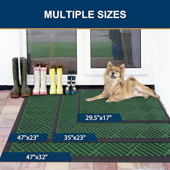 Smiry Front Door Mat Outside Entrance, Heavy Duty Outdoor Indoor Natural Rubber Doormat, Non Slip, Trap Dirt and Moisture, Easy Clean, Low Profile Patio Porch Entryway Mat, 59x23, Green