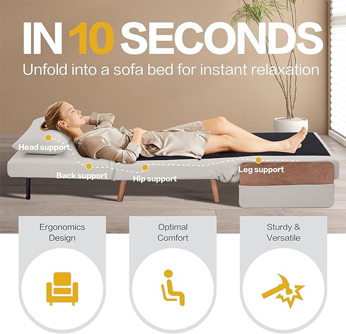 CITTANEO 34" Convertible Sleeper Chair, 3-in-1 Chair Bed Sleeper for Adults with 3-Position Adjustable Backrest, Pillow and Wooden Arms, Folding Sofa Bed for Apartment, Dorm, Office, Beige