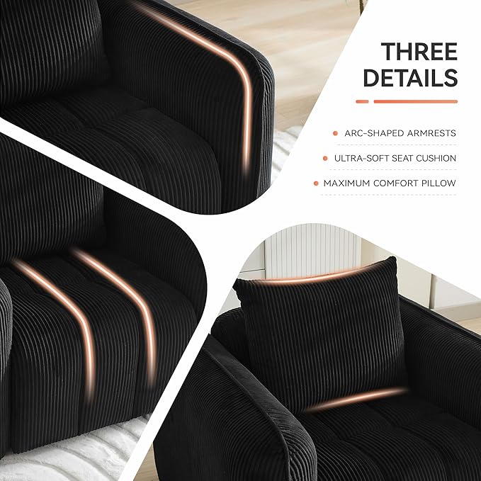 83'' Boneless Corduroy Sofa, Oversized 3 Seater Deep Seat Couch with Rounded Armrest, Modern Upholstered Cloud Sofa for Living Room, No Assembly, Black