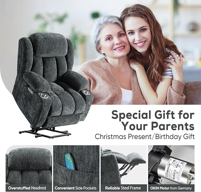 ABCASA Large Power Lift Chairs Recliners for Elderly Set of 2 with Heated and Massage, Upgraded Chenille Lift Chairs Recliners, USB-A and USB-C, Cup Holder, Side Pocket, Grey Blue