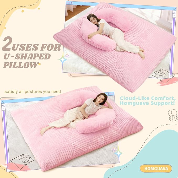 Homguava Giant Bean Bag Chair for Adults with Pillow, 4 in 1 Convertible Floor Cushion for Adluts, Memory Foamed Bean Bag Lounger with Washable Cover for Living Room, Bedroom