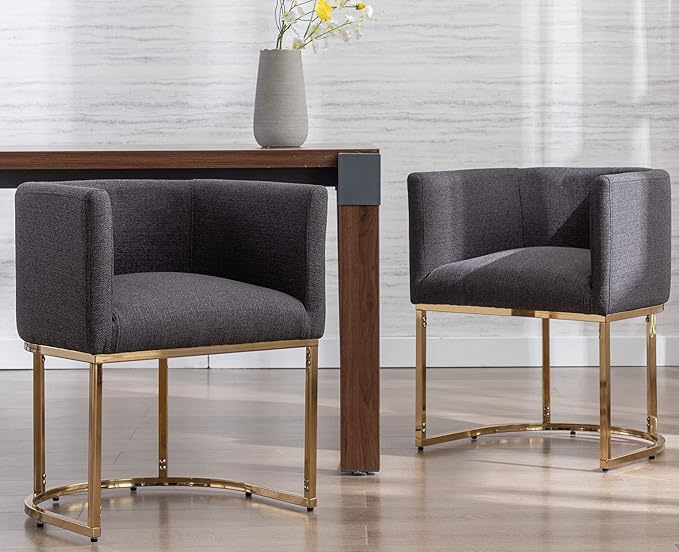 VESCASA Linen Upholstered Dining Chairs with Barrel Back, Mid Century Modern Padded Restaurant Chairs with Gold Metal Frame for Kitchen, Dining Room, Set of 4, Charcoal