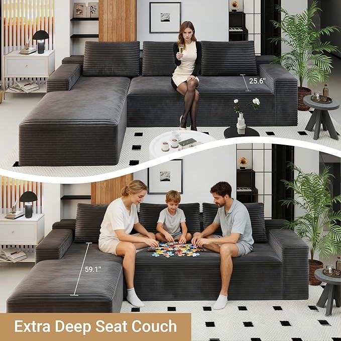 KAPEETOO Modular Sectional Sofa Cloud Couch with Chaise Longue, Left L Shaped Boneless Couch with Deep Seat, Oversize 3-Seater Boneless Sofa Set for Living Room Bedroom (Grey)