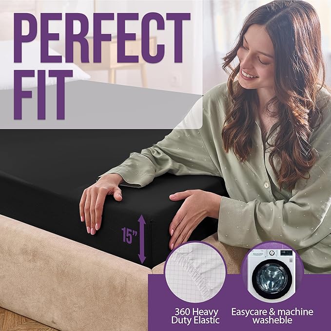 Earth Grounding Sheets Full Size with 12% Silver Fiber & 4% Silk & 84% Cotton - Black - SGS Quality Certified Grounded Well Bed Sheet - Conductive Fitted Sheet for Better Sleep