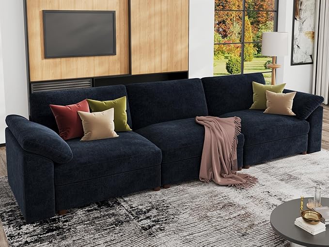 EASE MOOSE Modern 3 Seat Sectional Modular Sofa, FSC Certified Chenille Comfty Deep Seat Couch for Living Room,Solid Wood Frame Sofa,Blue