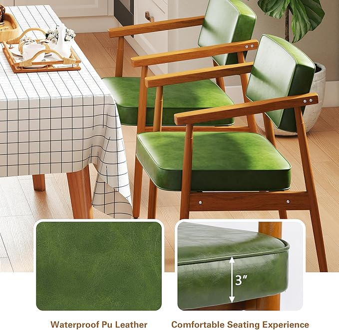 LSSPAID Mid Century Dining Chairs Set of 2, Pu Upholstered Armchair with Comfy Backrest and Wooden Handrail，Modern Kitchen Chairs for Bedroom Living Room Dining Room, Green
