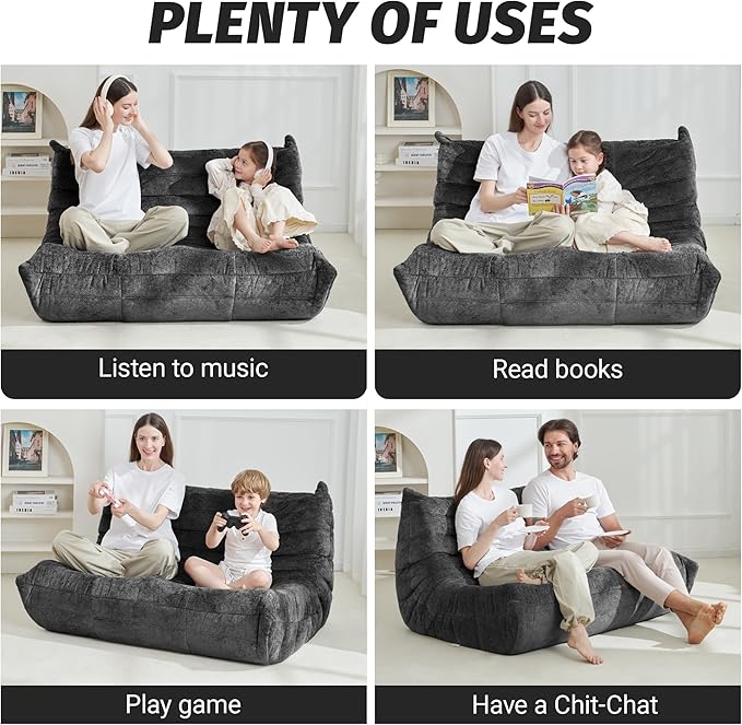 Homguava Bean Bag Chair, Giant Beanbag Chairs for Adults, Memory Foam Fireside Chair, Large Lazy Floor Sofa, Sofa Couch with High-Rebound Foam, Lounge Chair for Living Room, Bedroom (Grey, Loveseat)
