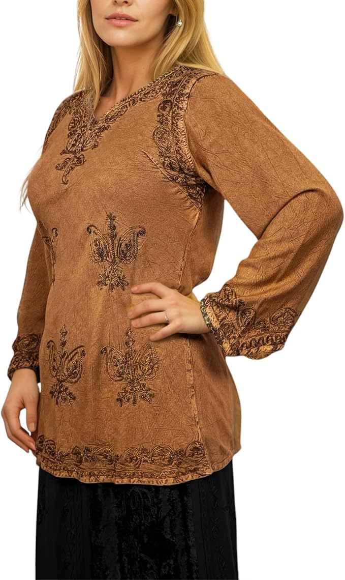 Agan Traders 2025 Winter Long Sleeve Diamond Neck Embroidered Tops - Medieval Boho Vintage Tunic Kurta Blouses for Women