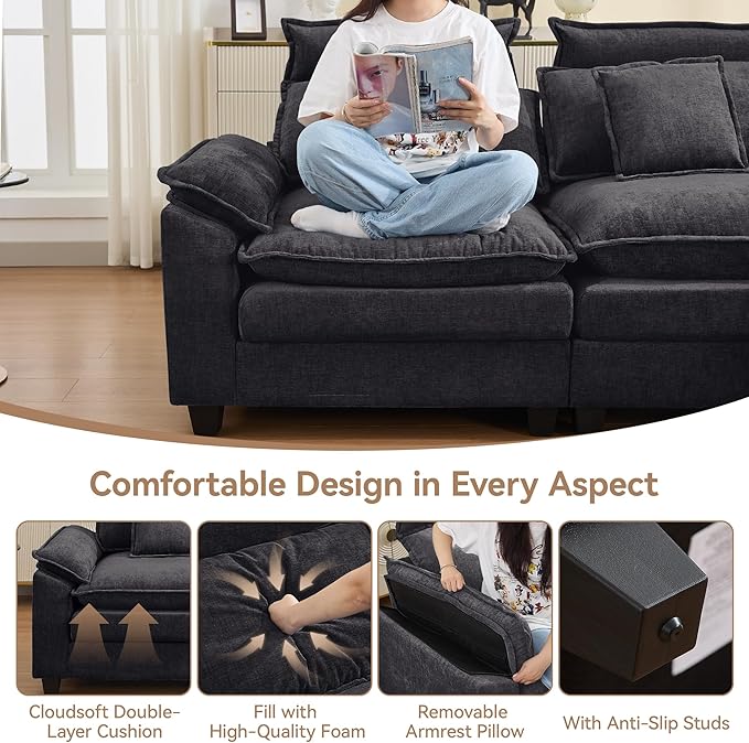 46''Cloud Sofa Chair with Detachable Headrest, Oversized Upholstered Arm Accent Chair with Ottoman, Modern Chenille Reading Lounge Comfy Armchair for Living Room,Bedroom, Dark Grey
