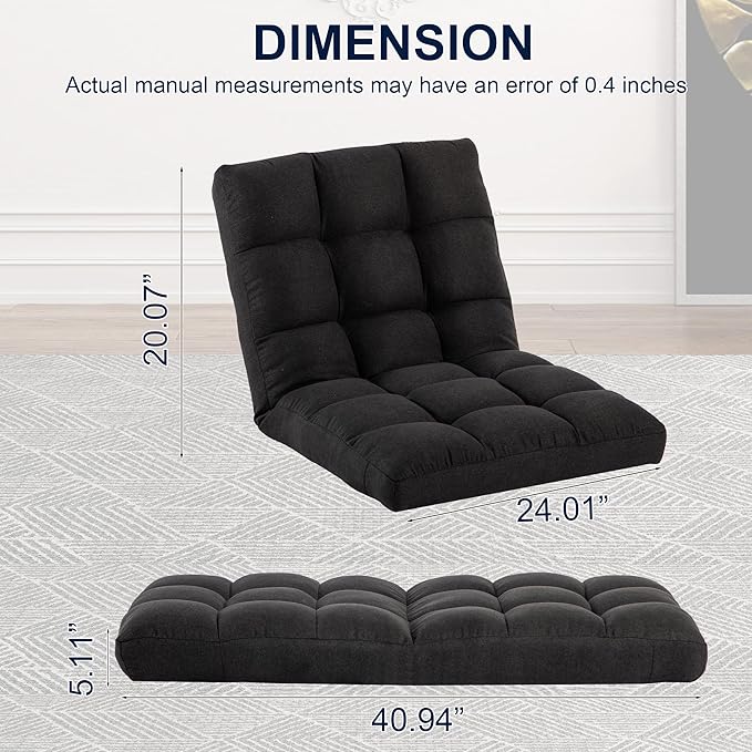 Folding Floor Chair with Back Support, Adjust Lay Flat Recliner Oversized Lounge Wide Lazy Boy Gaming Ergonomic Single Sofa Seat for Living Room Bedroom(Black)