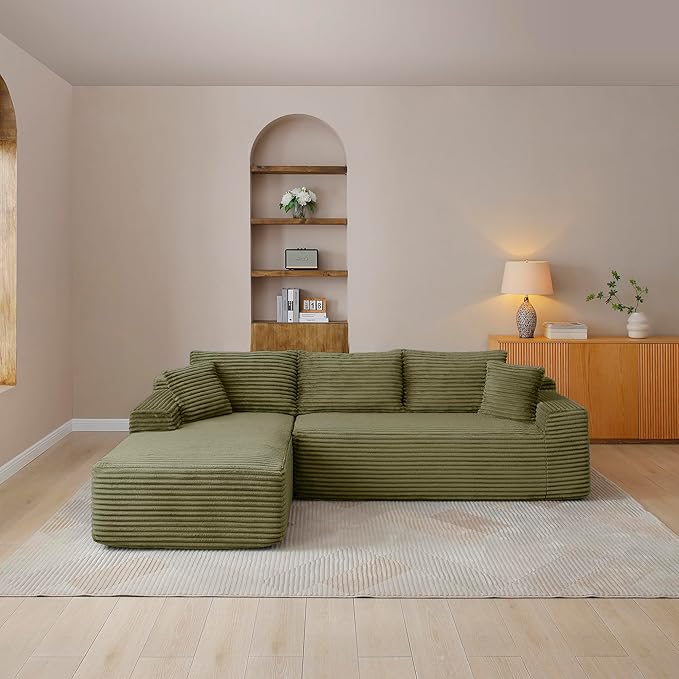 HYJT-H&K Modular Sectional Sofa Cloud Sectional Couch, 95" Comfy Fluffy L Shaped Green Couches for Living Room, Deep Seat Memory Foam Plush Corduroy Boneless Couch Sectionals Left Facing Chaise Sofa