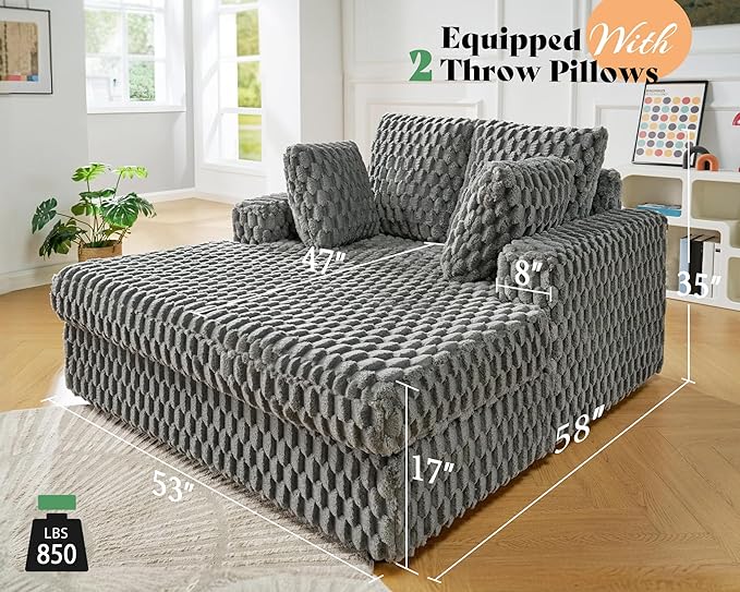 Jocisland 58 Inch Oversized Chaise Lounge, Plush Sofa Bed with Throw Pillows and Armrests, Upholstered Sleeper Chair- Comfy Chair Bed for Living Room, Ash Grey