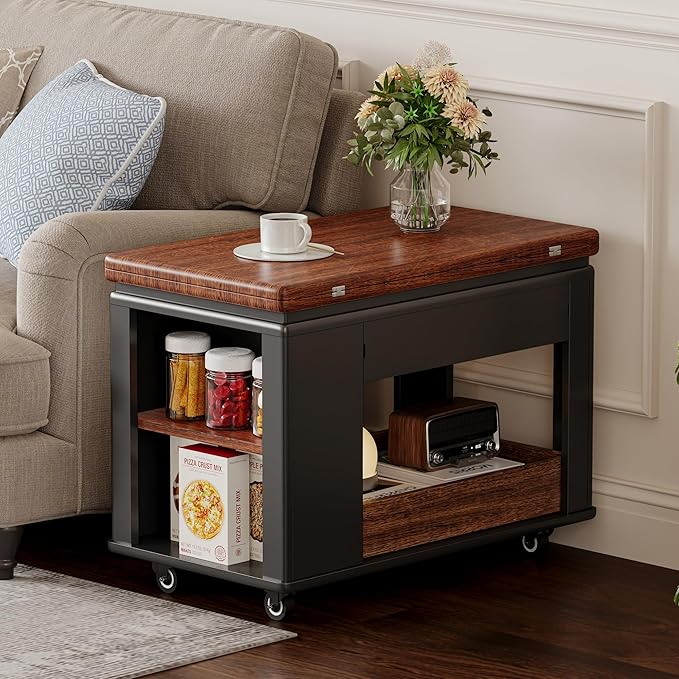 27.6" Modern Multi-Function Coffee Table with Foldable Top & Casters,Side Table with Multi-Tier Storage,Black & Walnut