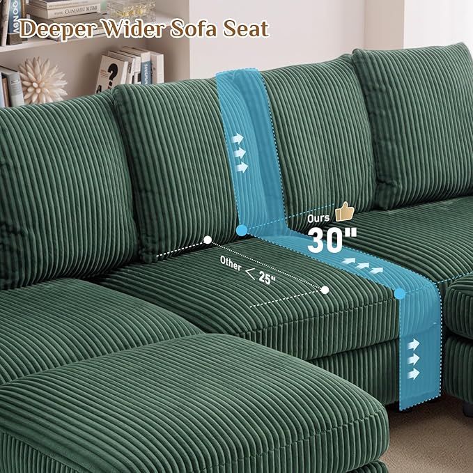 110" W x 60" D U Shape Sectional Sofa with USB Charging & Cup Holder & Storage, 5 Seater Plush Corduroy Couches with Movable Ottoman, Cloud Couch Sofas for Living Room, DIY Combination - Green