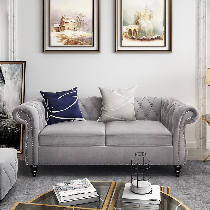 QHITTY Accent Sofa, Chesterfield Loveseat Modern Velvet Couch Upholstered Sofa with Tufted Back for Living Room Furniture (Grey)