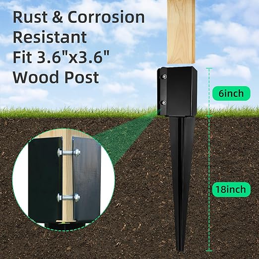XYADX Fence Post Anchor Ground Spike Heavy Duty Black Powder Coated Fence Stakes Post Base for Mailbox, 24 x 4 x 4 Inches Outer Diameter (Inner Diameter 3.6 x3.6 Inches), Pack of 8