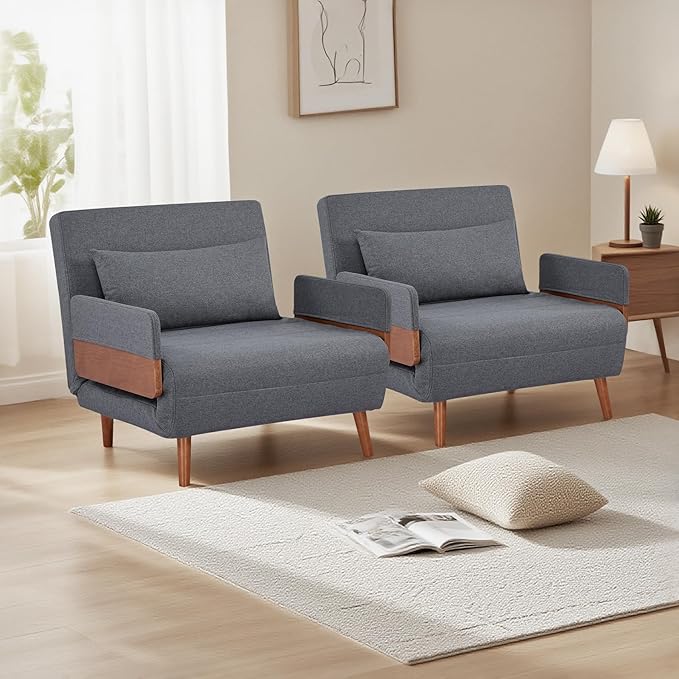 CITTANEO 2 Sets 34" Convertible Sleeper Chairs, 3-in-1 Chair Bed Sleeper for Adults with Adjustable Backrest, Pillows & Wooden Arms, 2 Piece Sofa Bed Sets for Living Room, Apartment, Office, Gray