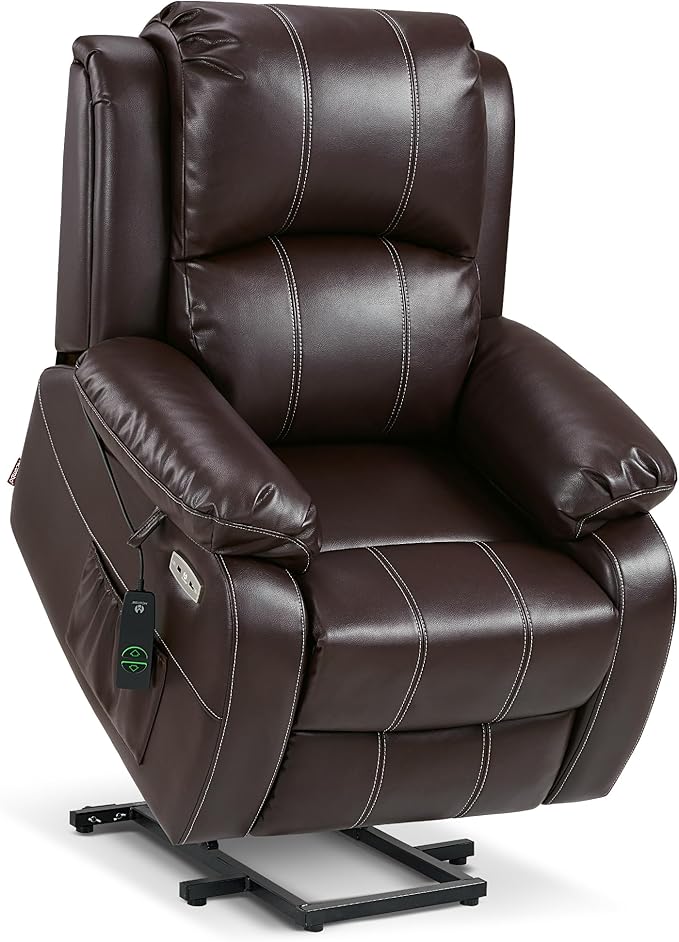 MCombo Small-Regular Power Lift Recliner Chair with Massage and Heat for Petite Elderly People, 3 Positions, 2 Side Pockets, USB Ports, Faux Leather 7408 (Dark Brown, Small-Regular)