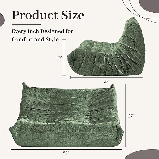 HABUTWAY Bean Bag Chair, Giant Bean Bag Chairs for Adults, Loveseat Fireside Chair, 2 Seater Lazy Bean Bag Sofa Memory Foam Couch for Living Room, Bedroom, Office (Green)