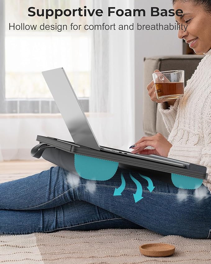Lap Desk - Up to 17” Laptop Tray with Wrist Rest, Portable Handle, Fixed Mouse Pad, Tablet & Phone Slots, Laptop Stand for Bed with Cushion (Black)