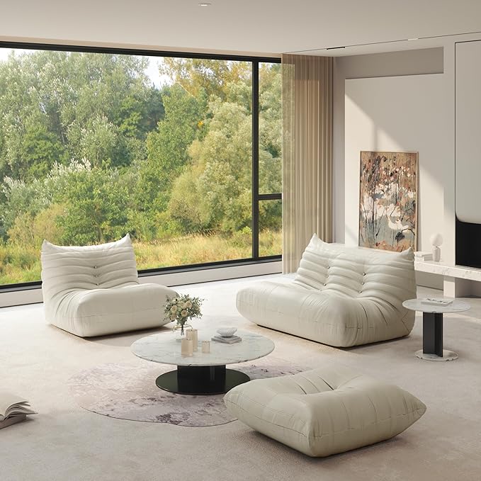 Fireside Chair Lazy Floor Sofa Set, Cozy Memory Foam Bean Bag Chairs, Faux Leather Giant Bean Bag Chair Sofa, Armless Foam Couch Lounger Tatami Recliner for Living Room Bedroom Dorm Office
