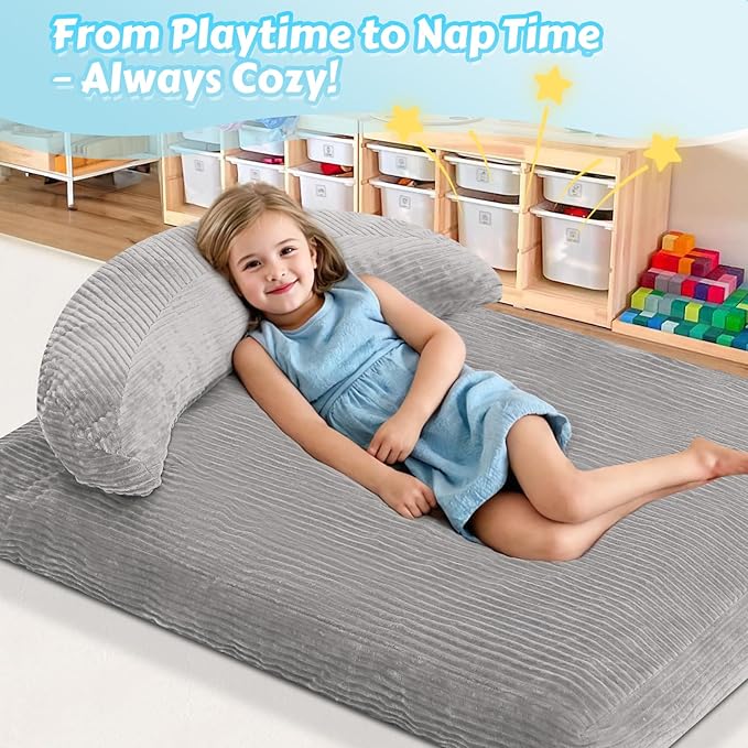 COMAX Bean Bag Chair for Kids, Convertible Toddler Beanbag Bed Corduroy, Children Bean Chair Stuffed to Floor Mattress with Filler, Light Grey