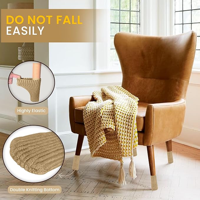 16 Pcs Khaki Chair Socks - Premium Knitted Protectors for Hardwood Floors - Easy to Fit All Leg Shapes - Noise Reduction and Scratch Protection - High Elastic Bar Stool Leg Covers - Furniture Pads