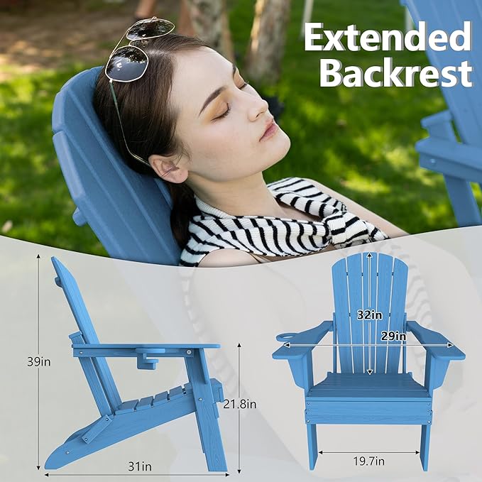 Plawdlik Folding Adirondack Chair Set of 2 with Cup Holder,Heavy All-Weather,Wooden Textured,HDPE Outdoor Chairs, Patio Backyard Fire Pit, Light Blue