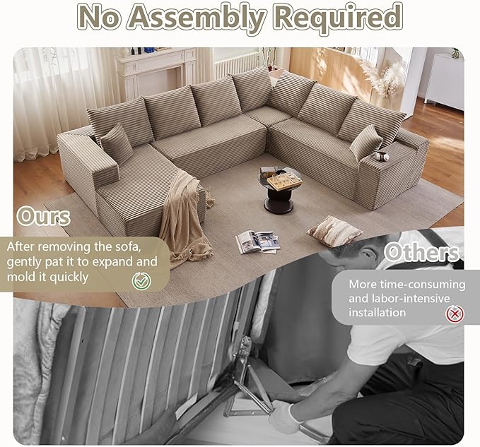 Sectional Cloud Couch with L-Shape Chaise, Upholstered Corduroy Couches Stupendous U Shaped Sofas, Modern Modular Comfy Sofa with Deep Seat for Living Room Bedroom, No Assembly Required, Camel