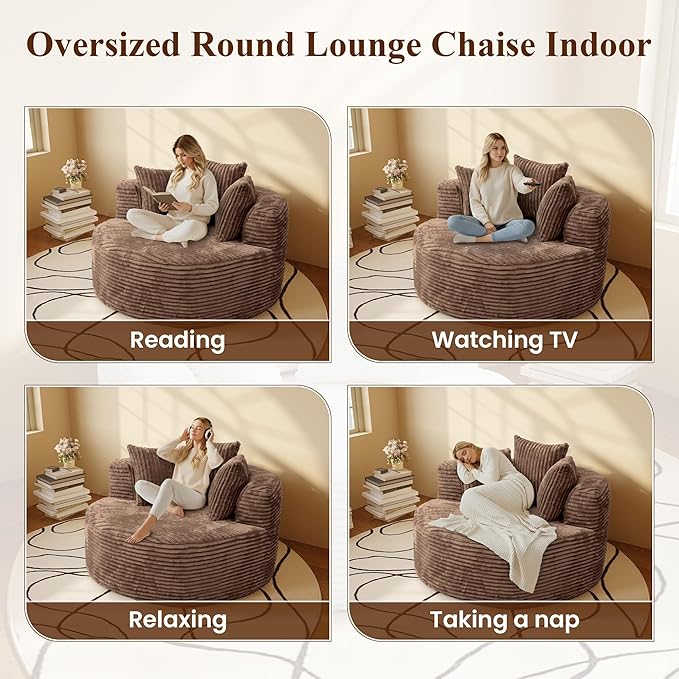 WJShome Oversized Round Chaise Lounge Chair Indoor, Modern 50-inch Upholstered Corduroy Deep Seat Circle Single Foam Couch,Cloud Lounge Floor Sofa Chair for Living Room, Brown