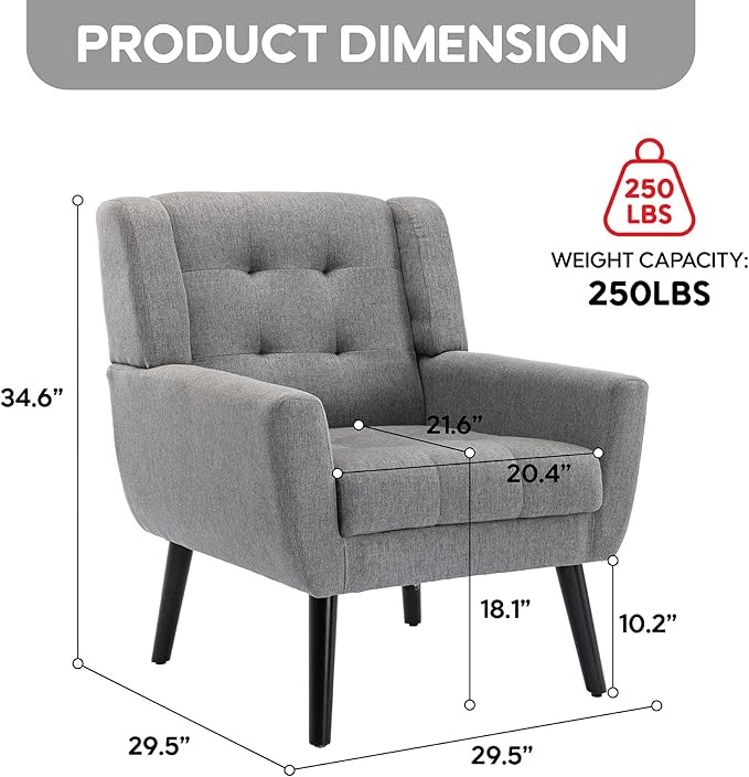 OO BY ORANGE ONLINE Linen Accent Chair, Mid-Century Modern Tufted Armchair for Living Room, Bedroom & Office (Light Gray)