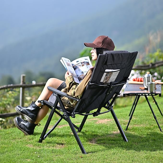 Aluminum Reclining Camping Chair, Heavy Duty Folding Lawn Chairs with 4-Stage Adjustable High Back for Adults, Compact Foldable Outdoor Patio Reclining Chair (Black, 1 Pack)