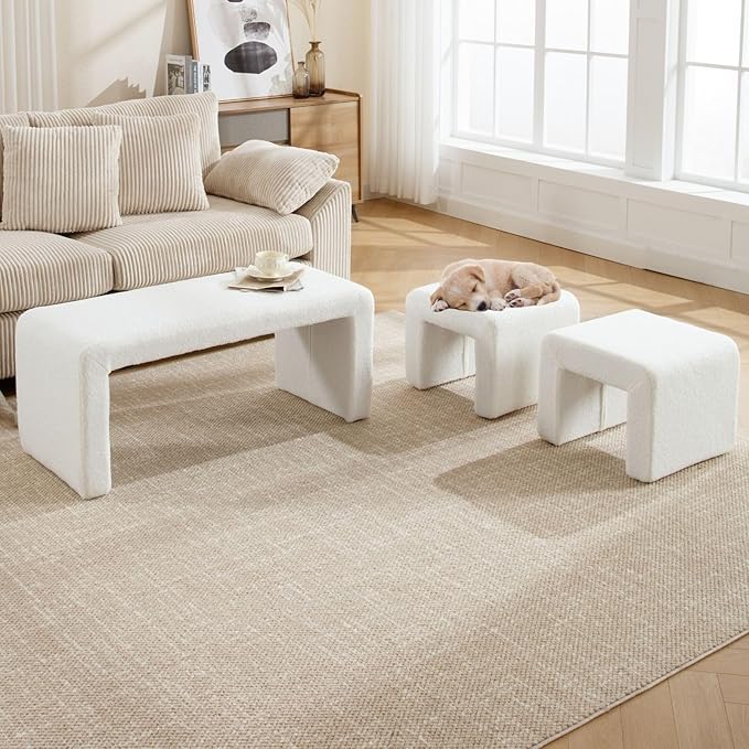 LukeAlon 3-Piece Nesting Ottoman Bench Set, 40.5" Wide Upholstered End of Bed Bench with 2 Small Stools Sherpa Comfy Entry Bench Vanity Stools Modern Arched Bench for Living Room Bedroom, White