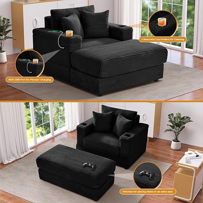 DAMAIFROM Oversized Chaise Lounge Chair Indoor with USB, Cup Holder & Ottoman, Firm Solid Wood Frame with Long Service Life Corduroy Oversized Lounge Reading Chair for Study Room - Black