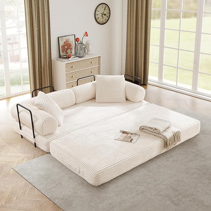 Modular Couch Bed, Convertible Folding Plush Corduroy Comfy Floor Memory Foam Compression Loveseat Sleeper Sofa Couch, King Size Bed for Guest Room Living Room Bedroom, No Assembly Required, Beige