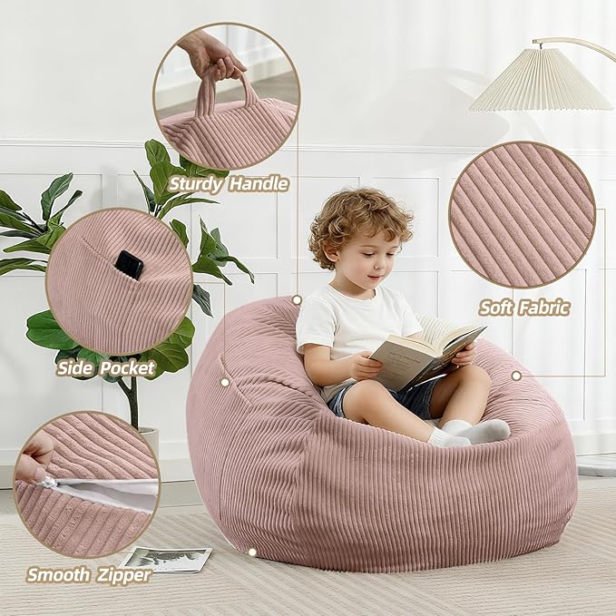 Bean Bag Chair with Corduroy Cover and Memory Foam Filled for Teens and Kids, Small Comfy Fluffy Floor Chair for Living Room Bedroom (Pink, 2.5FT)