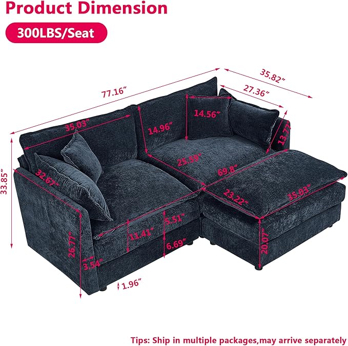 Aoowow Modular Sectional Sofa Modern Convertible Loveseat Couch,77.16 Inch Deep 2-Seater Sofas Comfy Chenille Cloud Sofas and Couches Set with Movable Ottoman for Living Room Apartment（Blue）
