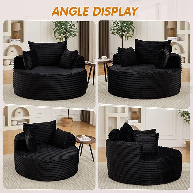 50"W Oversized Round Chaise Lounge Chair Indoor, Upholstered Corduroy Deep Seat Cloud Circle Sofa Chair, Modern Fluffy Comfy Floor Reading Armchair for Living Room, Bedroom, No Assembly Required,Black