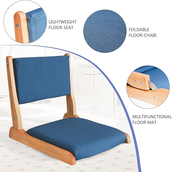 Japanese Floor Chair with Back Support, Foldable Meditation Chair, Legless Tatami Chair with Cushion, Floor Seat for Living Room, Bedroom, Bay Window (1, Blue)