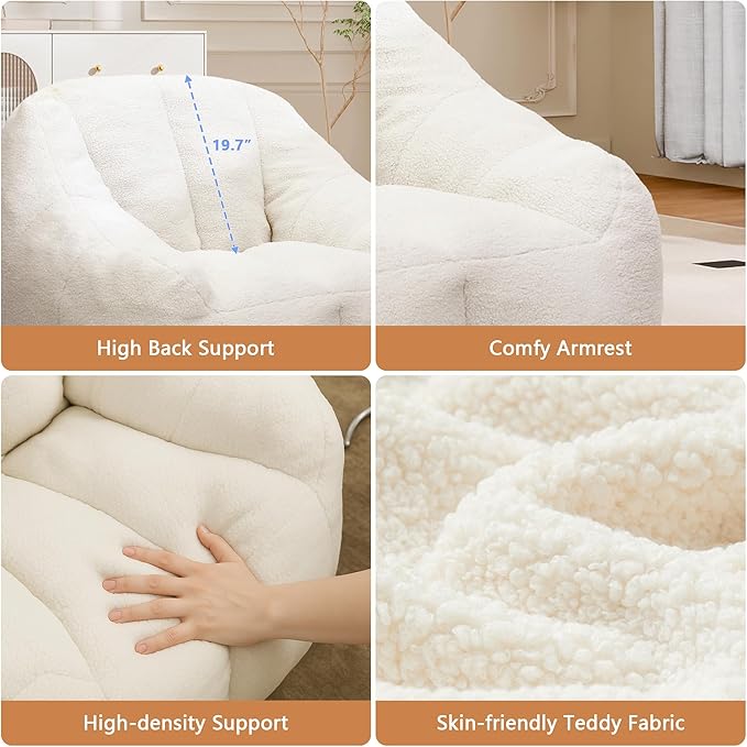 Setawix Bean Bag Chair with Filler, Comfy Teddy Bean Bag Chairs for Adults and Kids, Cozy BeanBag Sofa Fully Floor Couch with Memory Foam for Living Room Bedroom,White